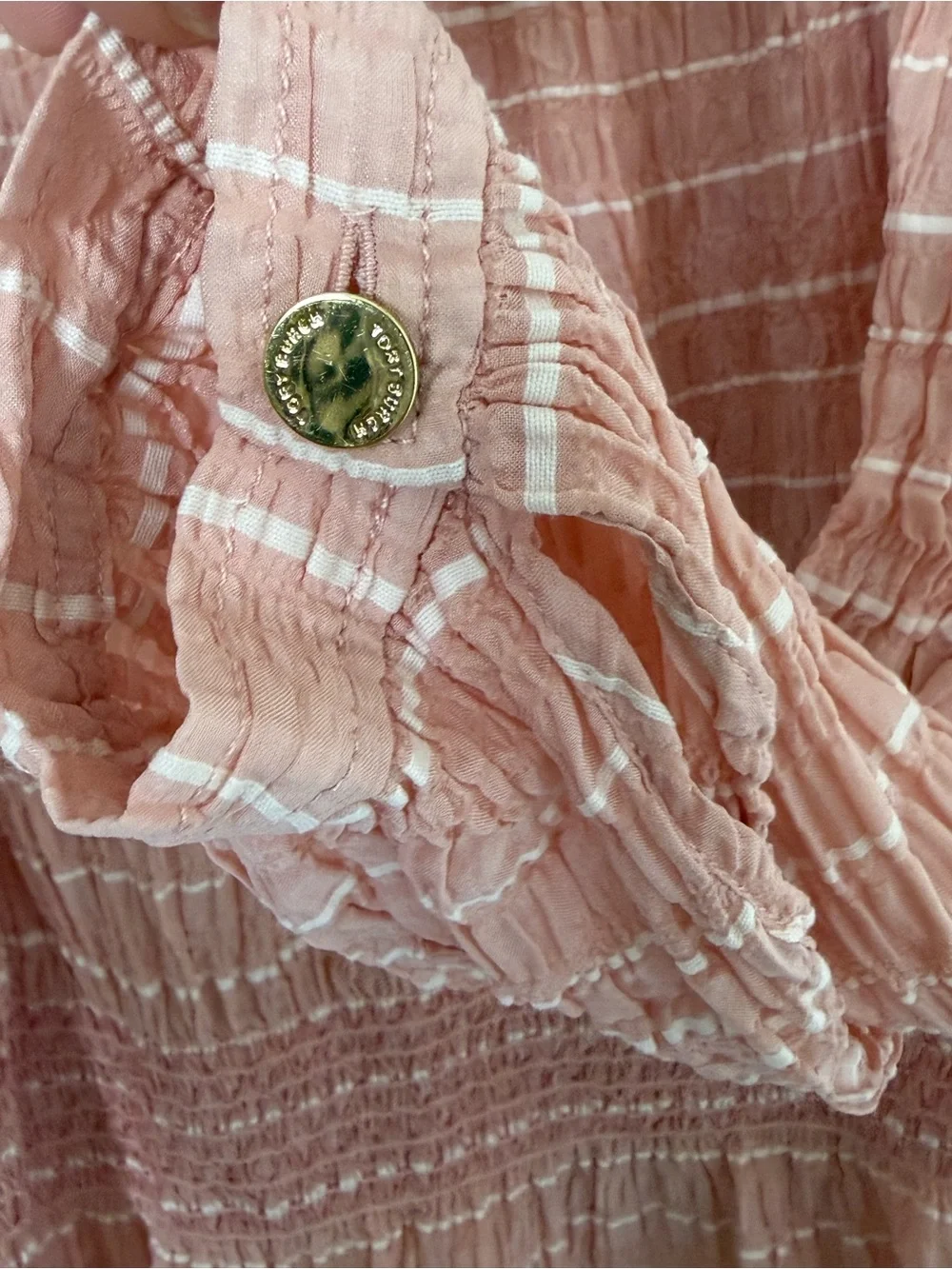 Tory Burch Pink Striped Silk Blend Smocked Off Shoulder Blouse Size 10